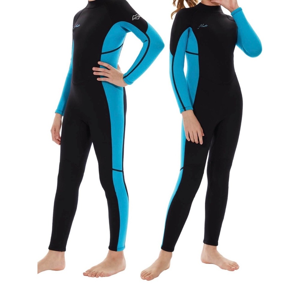 Hevto Wetsuit Kids Size 4 Black Blue Excellent 3/2mm Neoprene Full Body Back Zip